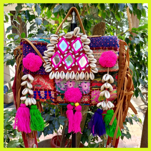 Banjara Boho Bags - Pink thread Rhombus 5 Mirrors