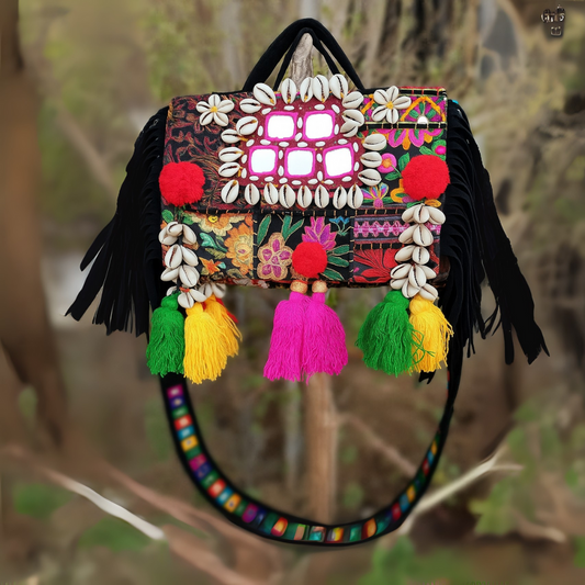 Banjara Boho Bags - Black strings Square Mirror