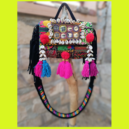 Banjara Boho Bags - Black strings Round Mirror