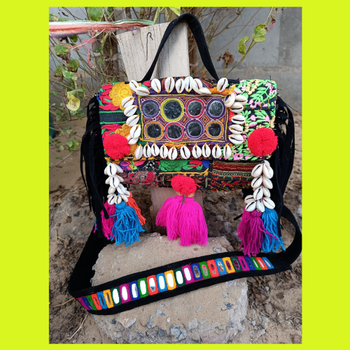 Banjara Boho Bags - Black strings Round Mirror