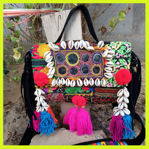 Banjara Boho Bags - Black strings Round Mirror