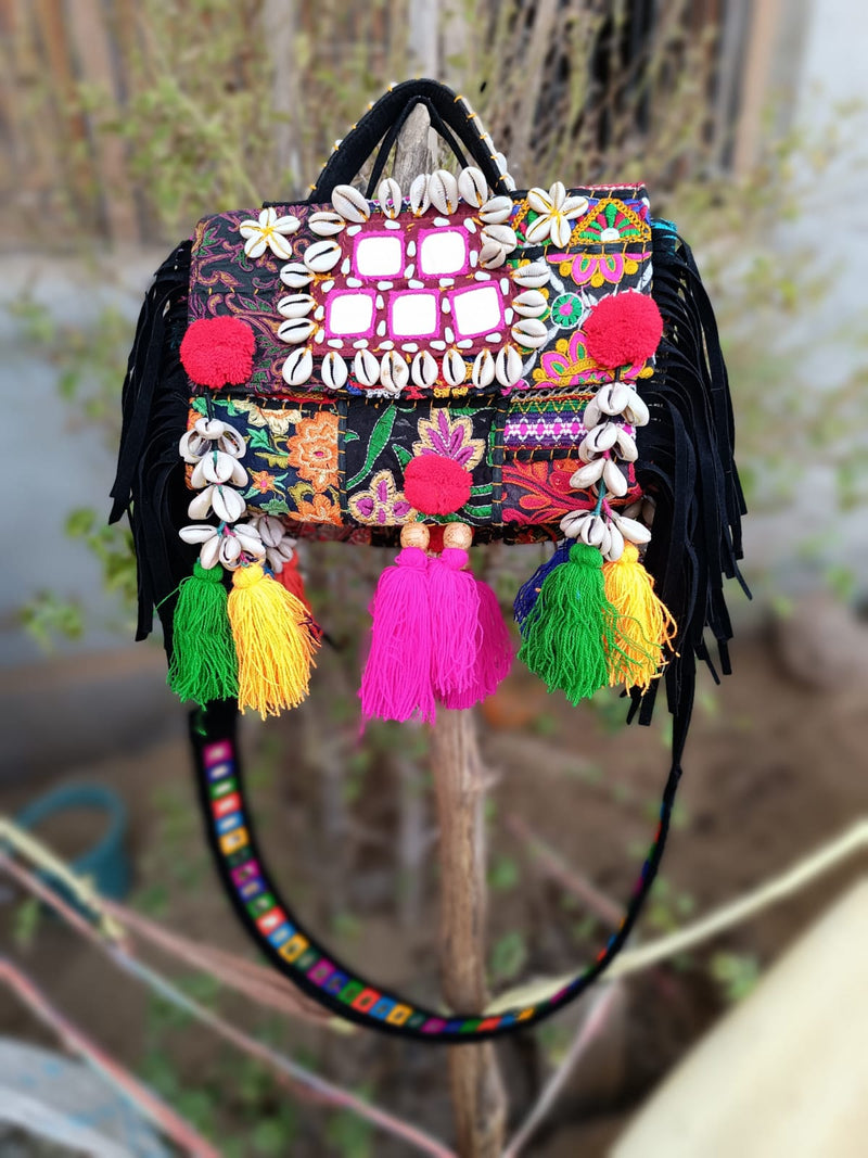 Banjara Boho Bags Black strings Square Mirror